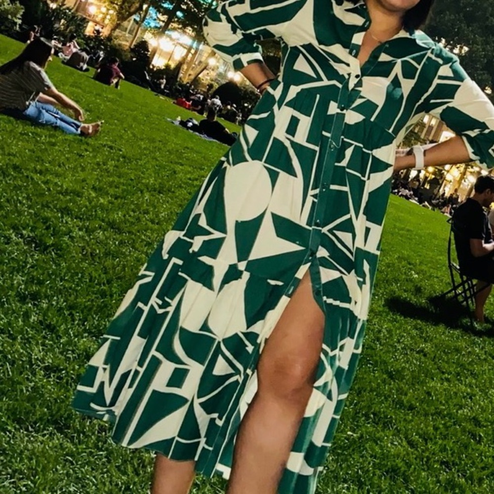 Zara Green and White Long Sleeve Dress